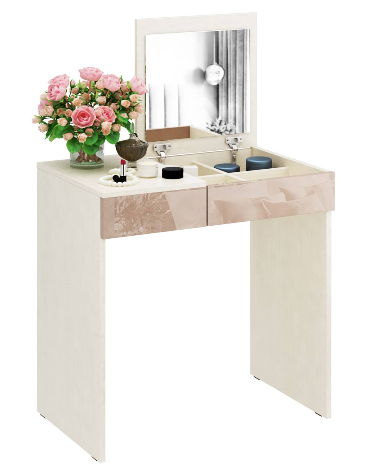 Белый туалетный столик с зеркалом: модели с овальным зеркалом в цвете белый глянец, узкие столы с позолотой