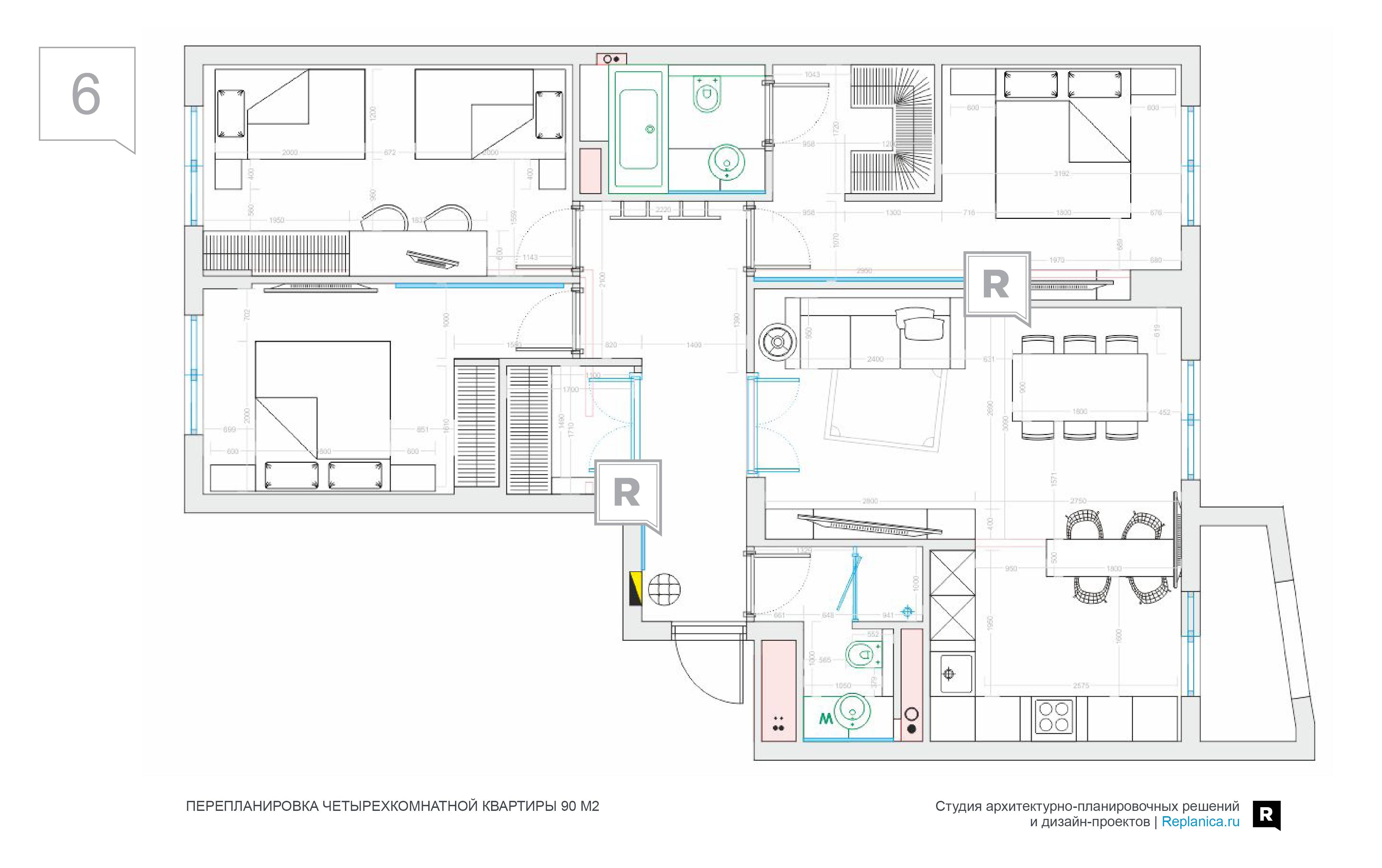 Перепланировка 4-х комнатной квартиры ленпроект