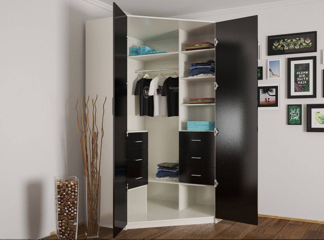 Распашные угловые шкафы (34 фото): г-образный шкаф с двумя дверями, однодверный вариант, модульная мебель для одежды