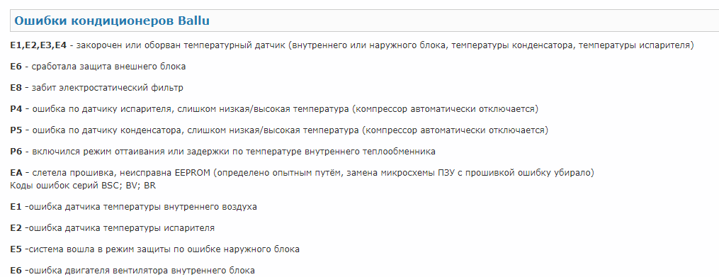 Основные коды ошибок кондиционеров балу (ballu). список