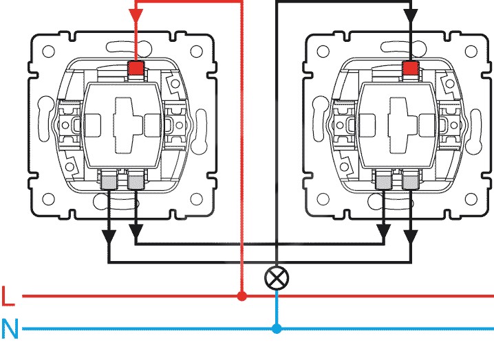 Как подключить проходной выключатель одноклавишный схема подключения на один