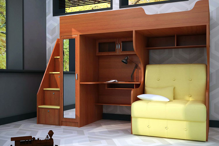 Компактные кровати-чердаки с диваном в интерьере небольших комнат