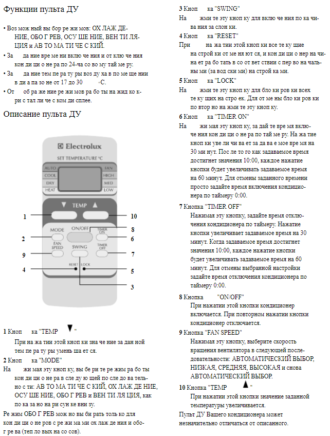 Обзор напольных и других моделей кондиционеров ELECTROLUX, пульты управления и инструкции к ним