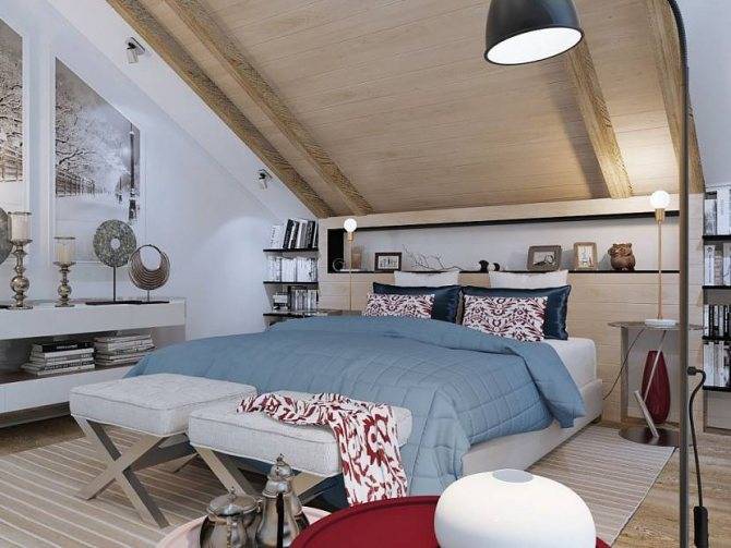 Спальня в мансарде (97 фото): дизайн интерьера комнаты со скошенным потолком на мансардном этаже, варианты отделки маленькой спальни под крышей в частном деревянном доме