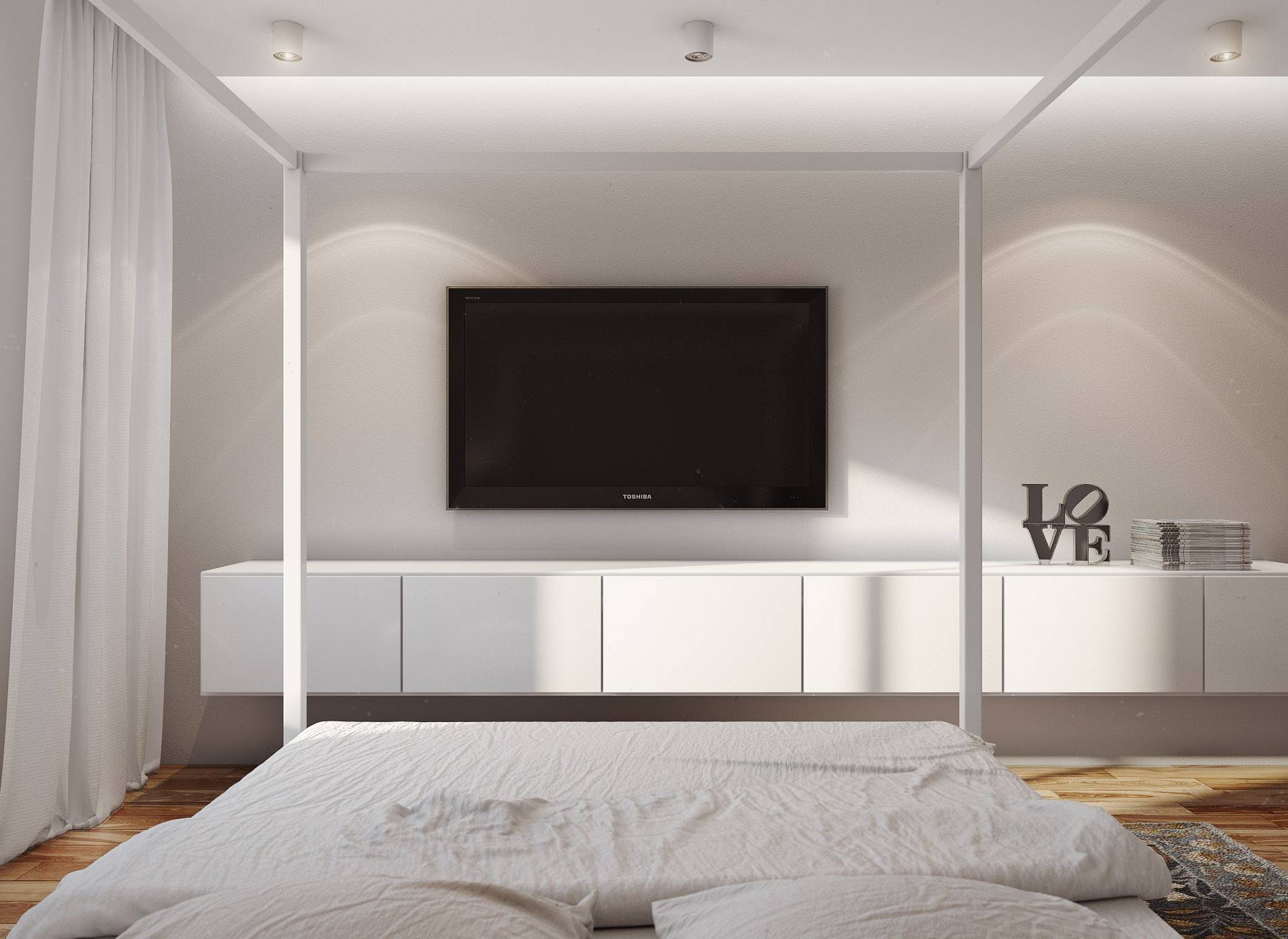 Телевизор в спальне: правила расположения, нюансы крепления, дизайн