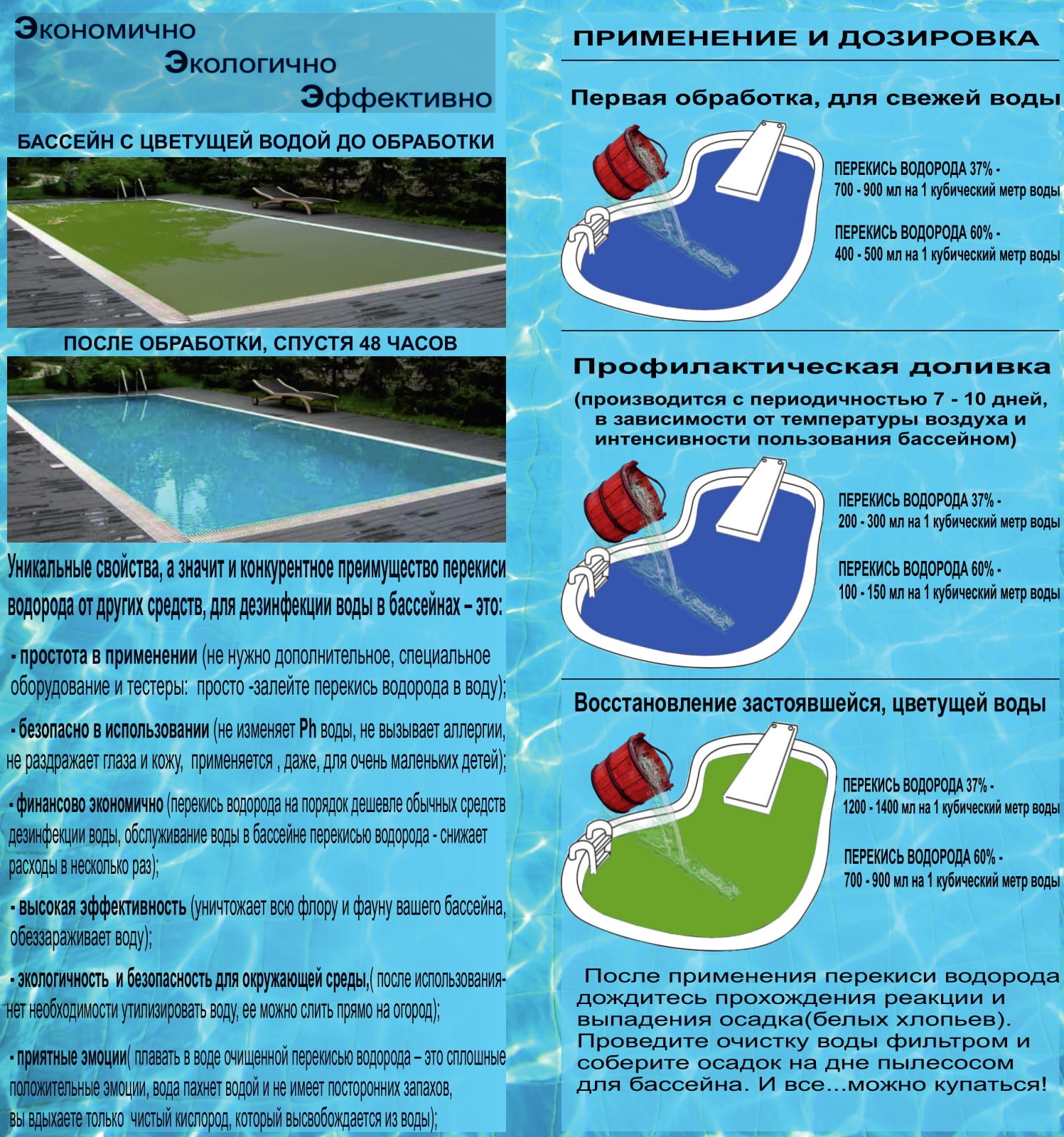 Перекись водорода для бассейна - как применять для очистки: 37%, 60%, пропорции, пошаговая инструкция, реальные отзывы