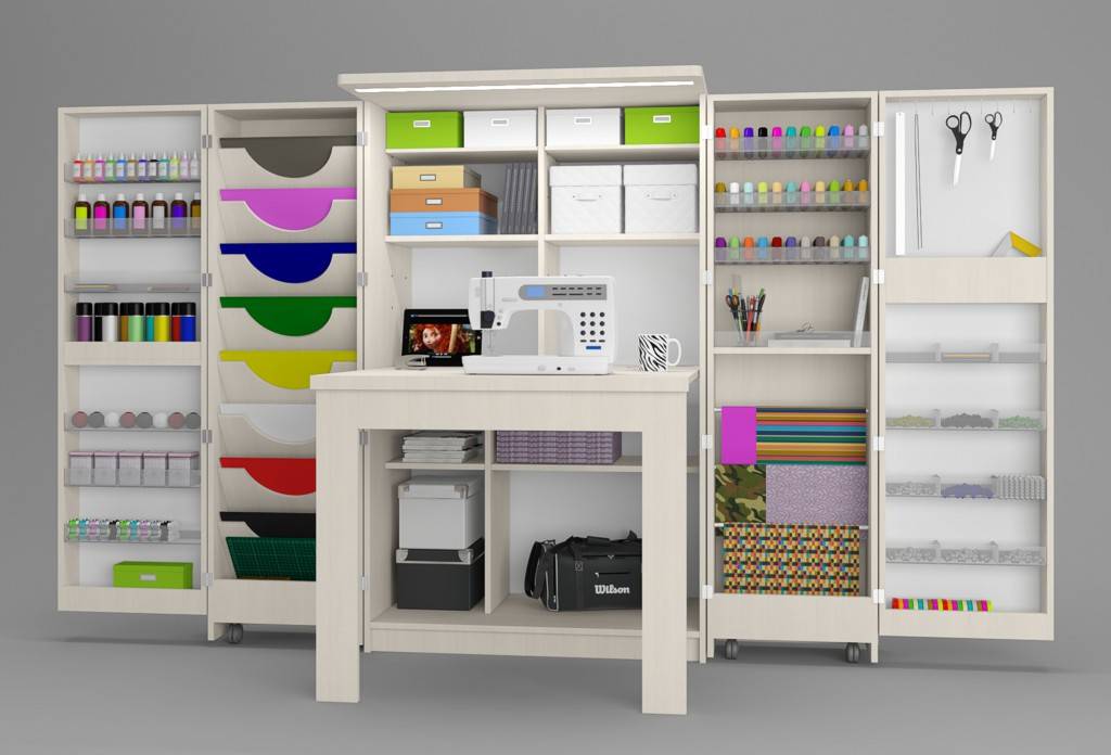 Шкаф для рукоделия (20 фото): складные модели-трансформеры для шитья с откидным столом