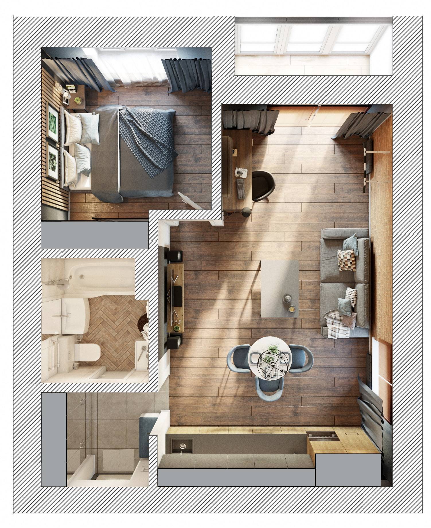Интерьер однокомнатной квартиры 35 кв. м – фото и визуализации от студии «а8»