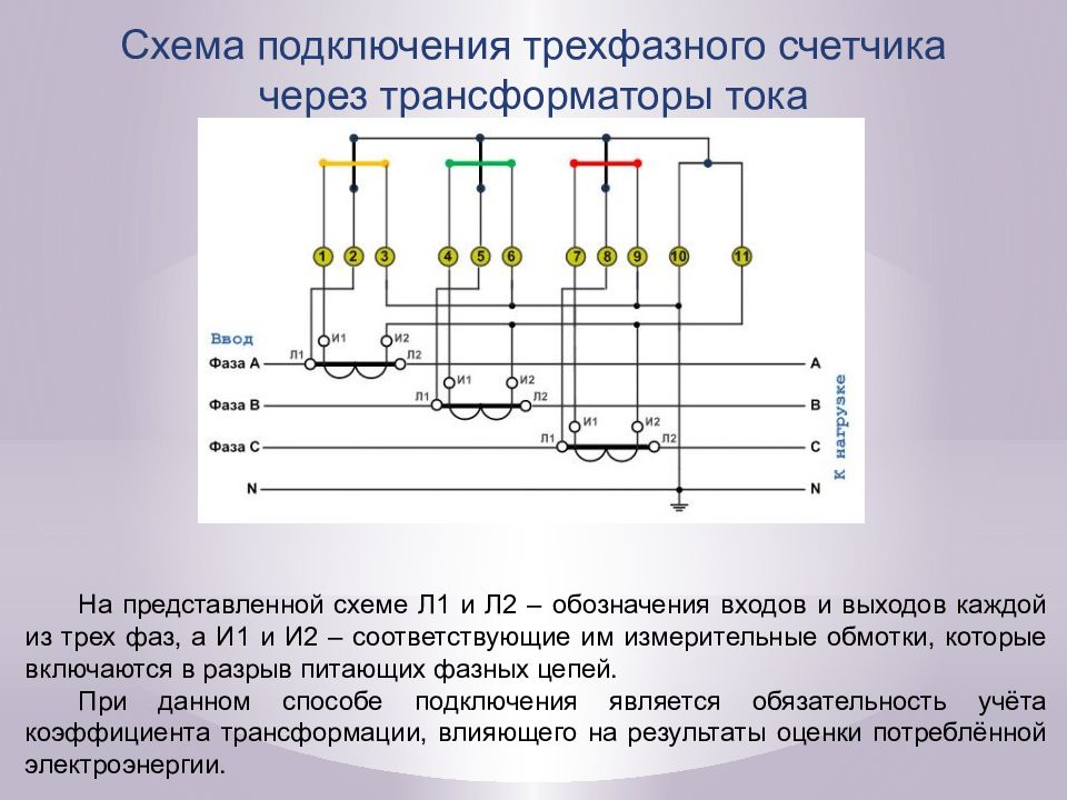Схема подключения трехфазного электросчетчика к сети