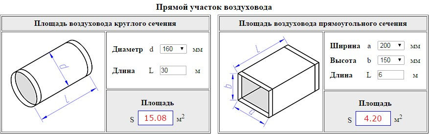 Расчет площади воздуховодов и фасонных изделий вентиляции