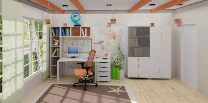 Рабочая зона у окна в детской комнате: письменный стол для двоих школьников | дизайн и фото