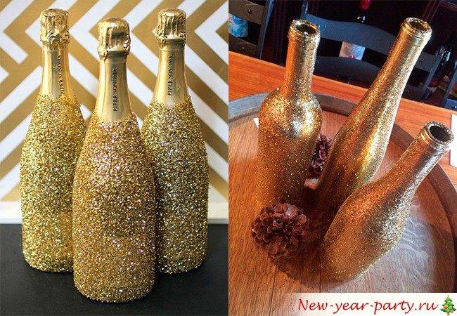 Новогоднее украшение на бутылку: декор из лент для шампанского и вина на новый год своими руками, как украсить пластиковую тару фетром