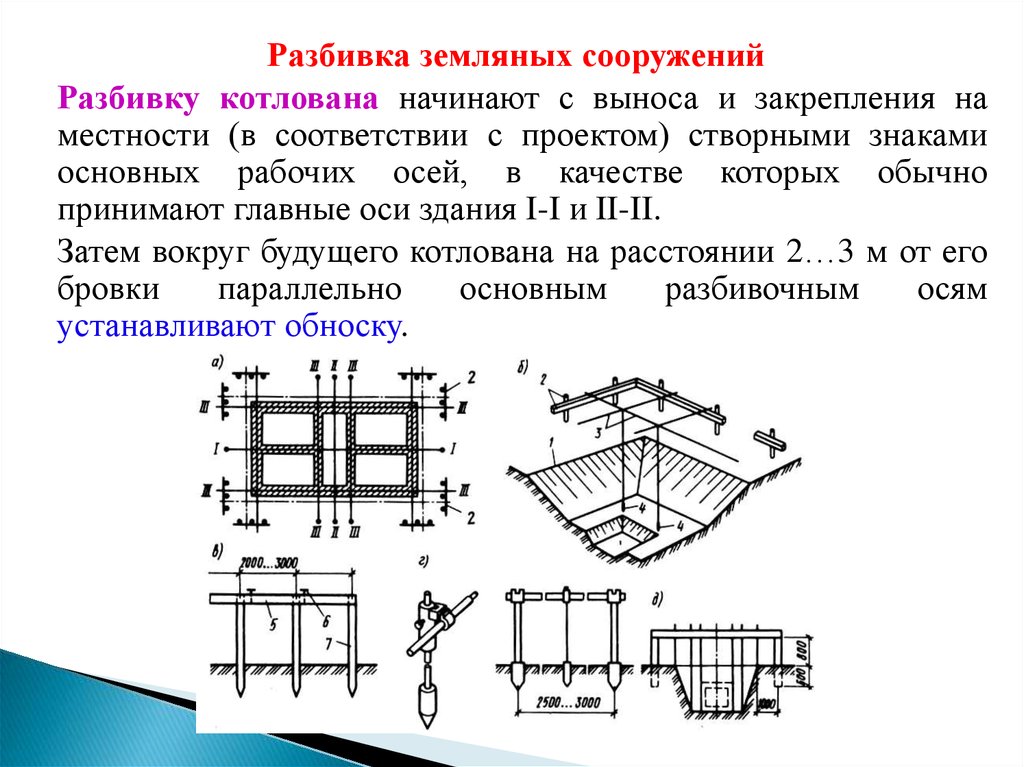 Сооружений в соответствии с. Схема разбивки земляных сооружений. Разбивка земляных сооружений на местности. Разбивка на местности котлована и закрепление основных осей здания. Выполнение разбивки и закрепление земляных сооружений.